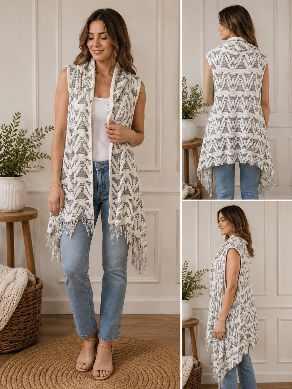 Women’s 100% Acrylic Knit Poncho Gray/White Fringe Boho Geometric Open Front